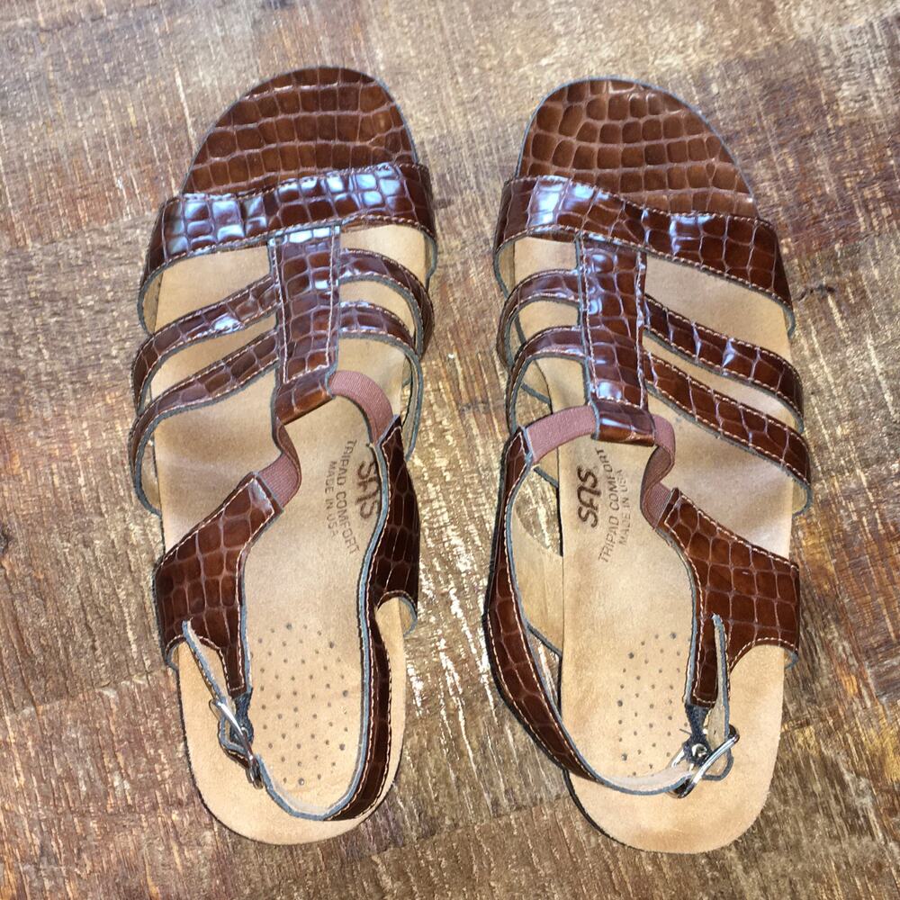 SAS Allegro Heel Strappy Sandal Womens 9 M Cognac Croc Brown Minimalist Staple - Picture 11 of 11